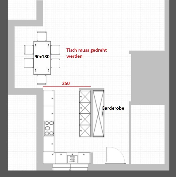 Grundriss Küche/Essbereich: Esstisch 90x180; Tisch muss gedreht werden; Garderobe.