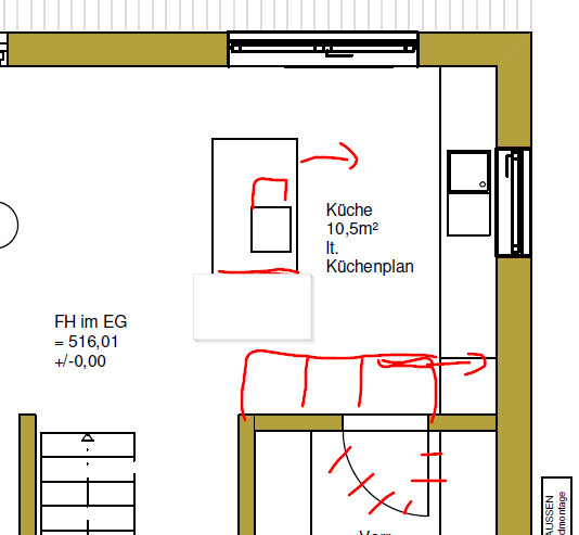 2D Grundriss einer Küche mit Arbeitszeile, Insel und Schränken.