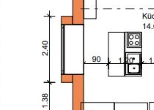 Küchen-Grundriss mit orangefarbenen Wänden, Ofen/Backofen, Maßangaben 2,40 m und 1,38 m.