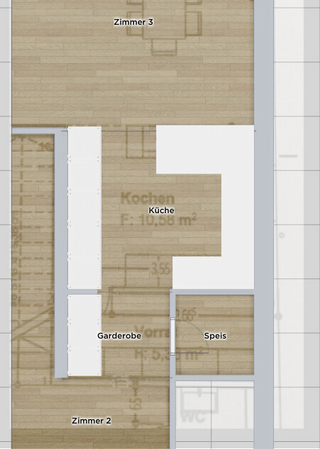 Grundriss: Zimmer 3 oben, Küche in Mitte, Garderobe links, Speis rechts, Zimmer 2 unten, WC.