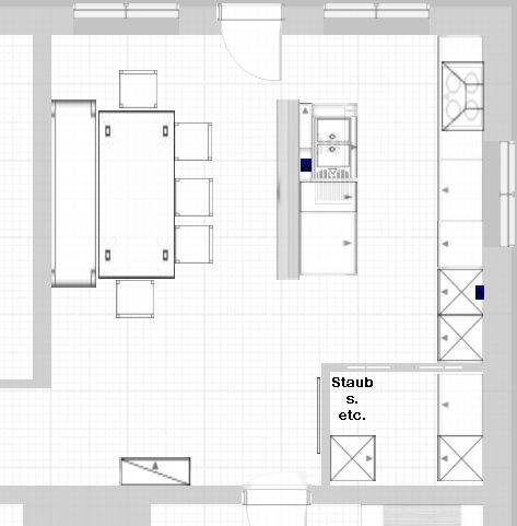 Grundrissplan einer Küche mit Insel, Esstisch und offenem Wohn- und Essbereich.
