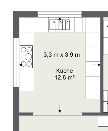 2D Küchen-Grundriss mit Kochfeld, Spüle und Arbeitsbereich