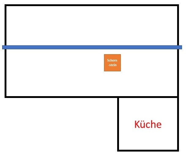 Grundriss eines Hauses mit Küche unten rechts, blauer Balken und orangefarbenem Schornstein.