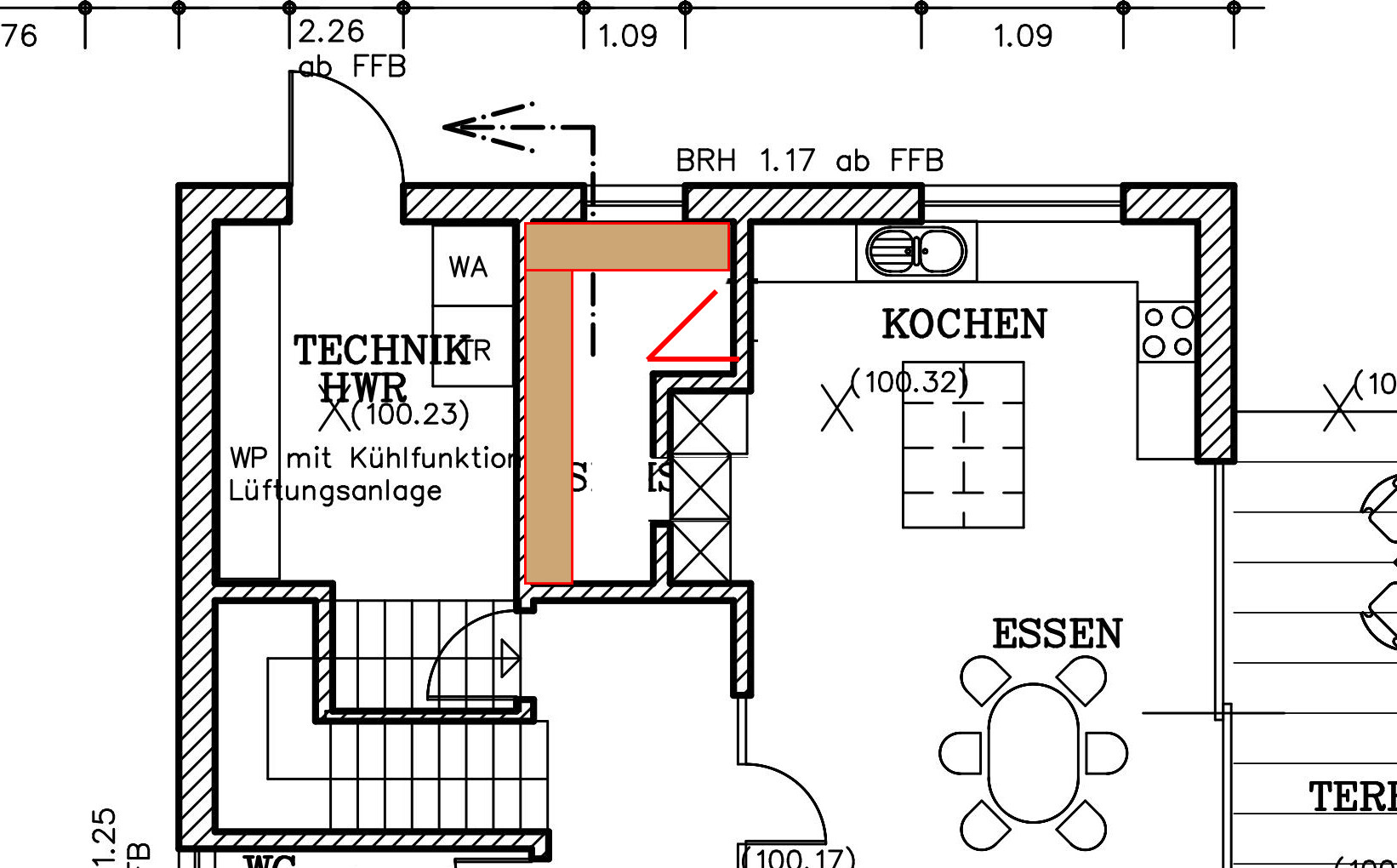 Grundriss einer Wohnung mit Küche KOCHEN, Essbereich ESSEN und Technik/HWR.