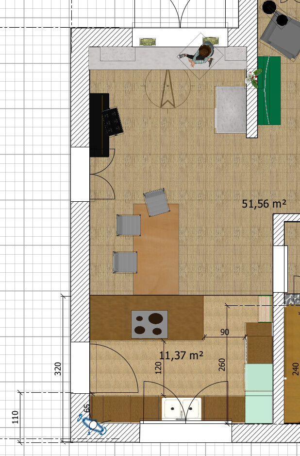 Grundriss eines Küchen- und Essbereichs mit Insel, Esstisch und Zugang.