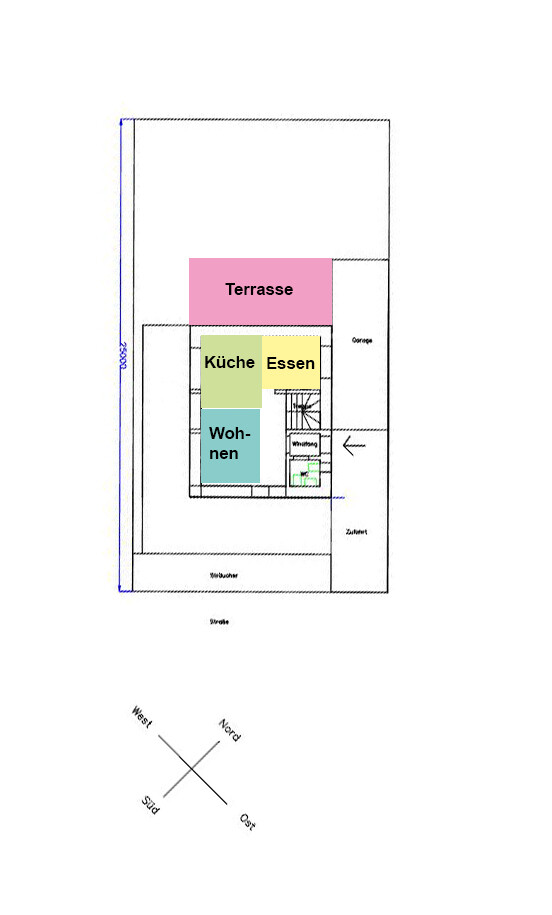 Grundriss eines Hauses mit Terrasse, Küche, Essen, Wohnen; Garage rechts.