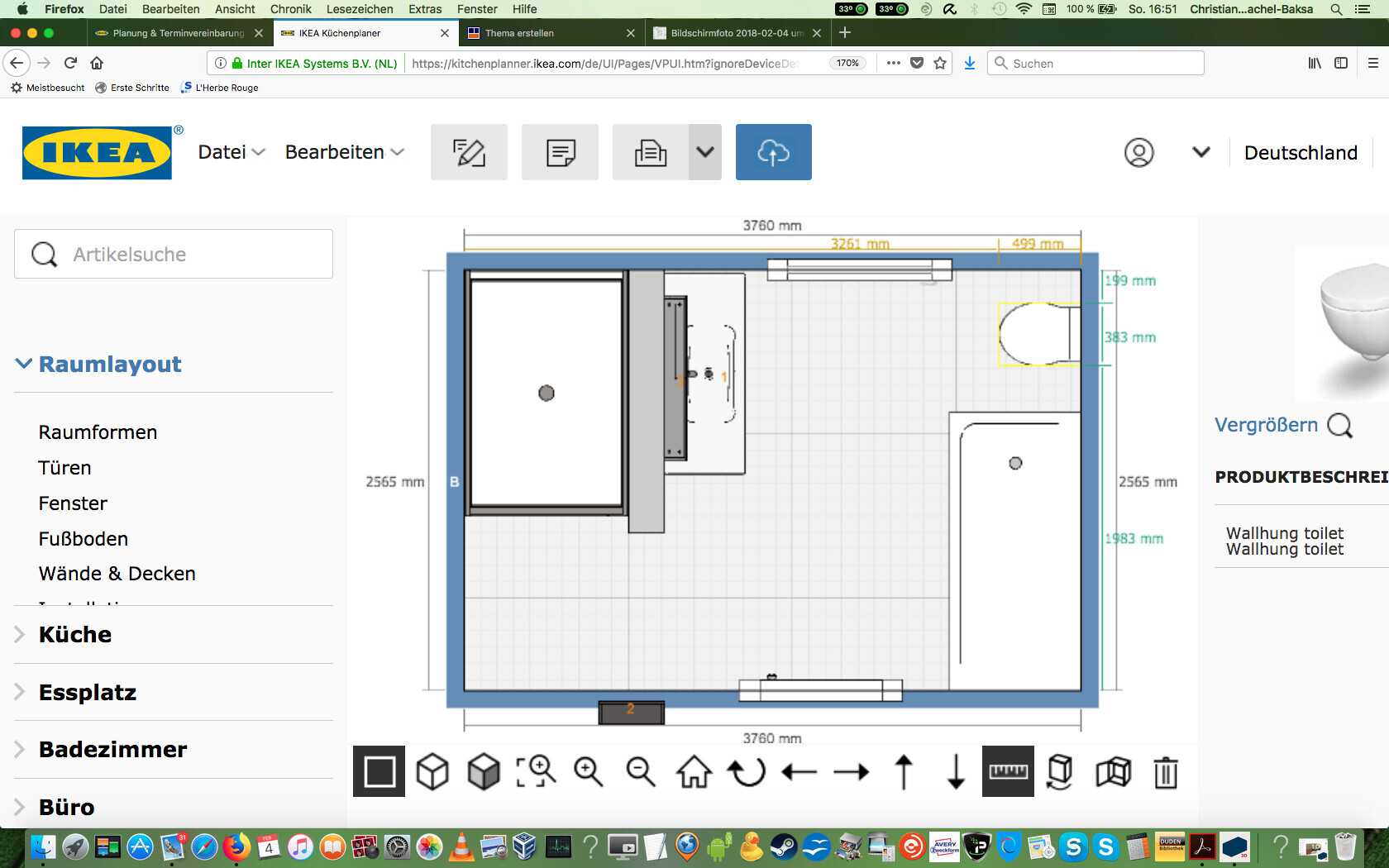 IKEA Küchenplaner 2D-Grundriss eines Raums mit Möbeln und Abmessungen im Planungsfenster