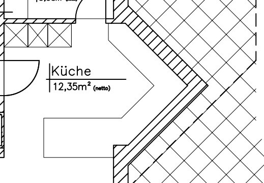 Grundriss einer Küche mit Tür links, Arbeitszeile, Fliesenboden und Beschriftung: Küche 12,35 m² (netto).