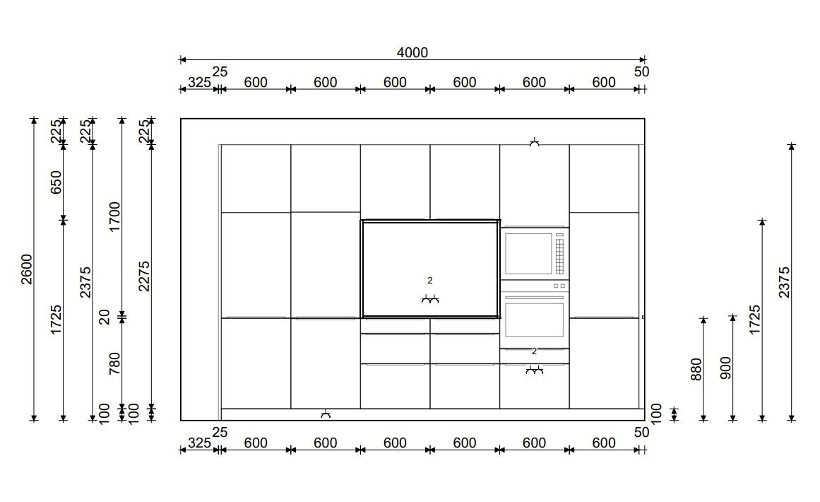 Grundriss einer Küchenzeile: Hängeschränke, Hochschränke, Mikrowelle, Backofen, Spüle in der Mitte.
