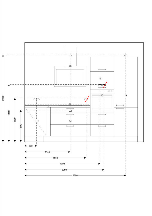 Küchen-Grundriss mit Spüle, Schränken und Geräten im Layout