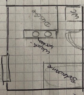 Handgezeichnete Grundrissskizze mit Küchenzeile und Wohnzimmer