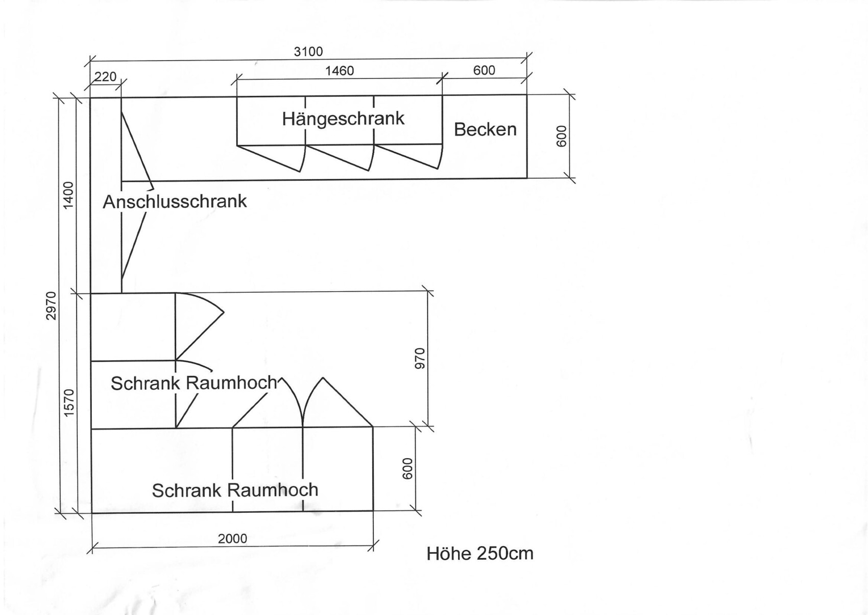 Küchenplan: Hängeschrank über Becken, Anschlussschrank links, darunter Raumhoch-Schränke, Maße.