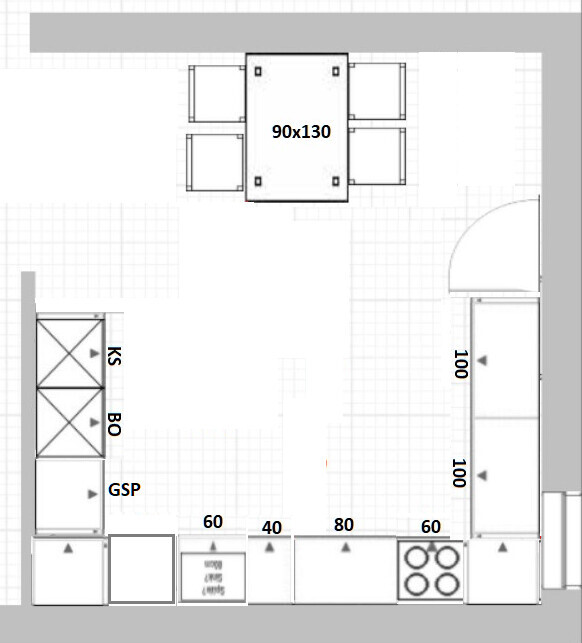 Grundriss einer Küche mit Esstisch oben, Spüle, Backofen, Geschirrspüler links, Hochschränke rechts.
