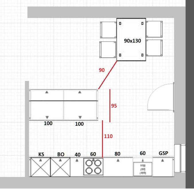 Grundriss einer Küche mit Spüle, Herd, Kühlschrank, Geschirrspüler und Esstisch (90×130) oben rechts