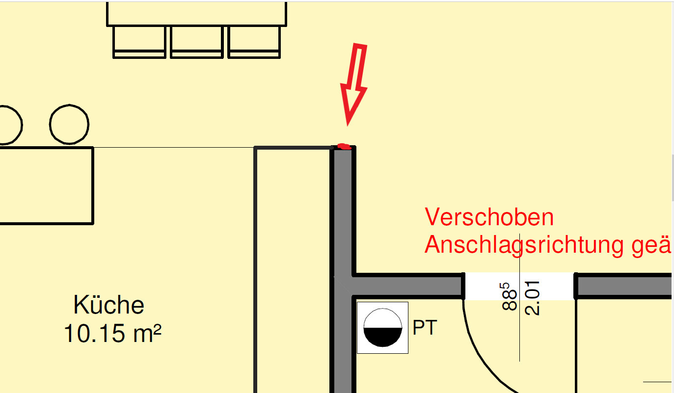 Küchen-Grundriss mit Maßangabe 10.15 m² und Türanschlag-Verschiebung
