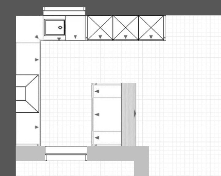 Top-down Küchen-Grundriss mit Hängeschränken, Unterschränken und Insel in offener Raumgestaltung.