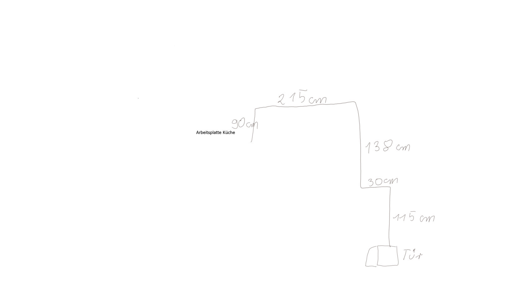 Handgezeichnete Küchenarbeitsplatte in L-Form mit Abmessungen: 90 cm hoch, 215 cm lang, 138 cm.