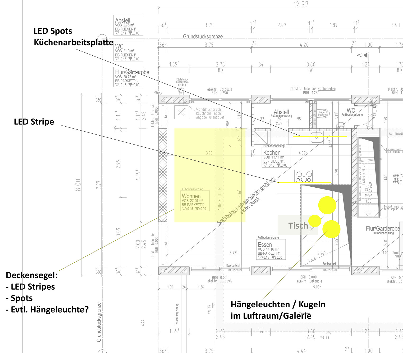 Grundriss eines Wohn- und Küchenbereichs mit LED-Spots und LED-Streifen.