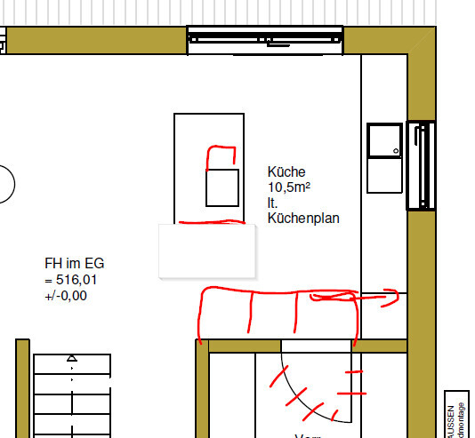 Küchen-Grundrissplan mit Arbeitsfläche, Esstisch und umlaufenden Wänden im Grundriss