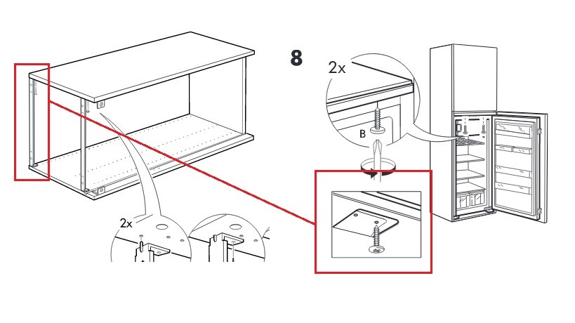Schematische Montage eines Küchenschranks mit Befestigungen und Kühlschrank