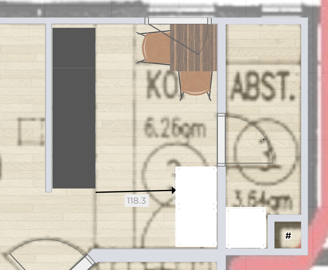 2D Grundriss eines Wohn- und Essbereichs mit Tisch und Kücheninsel