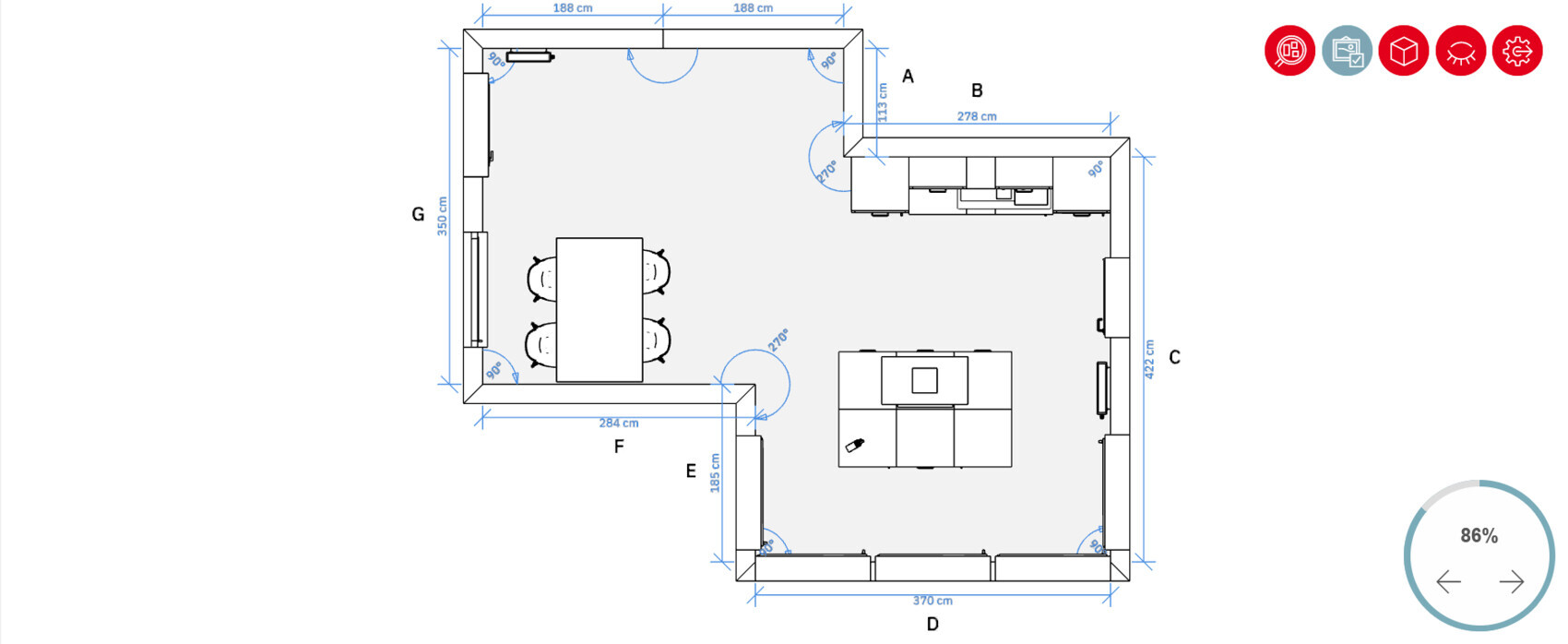 Grundriss eines Wohnraums mit Esstisch, Küchenzeile und Sofa.