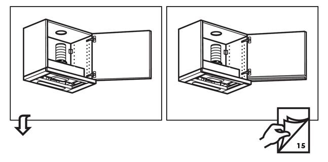 Zwei schematische Küchenschränke mit geöffneten Türen, Aufbau-Anleitungs-Illustration.