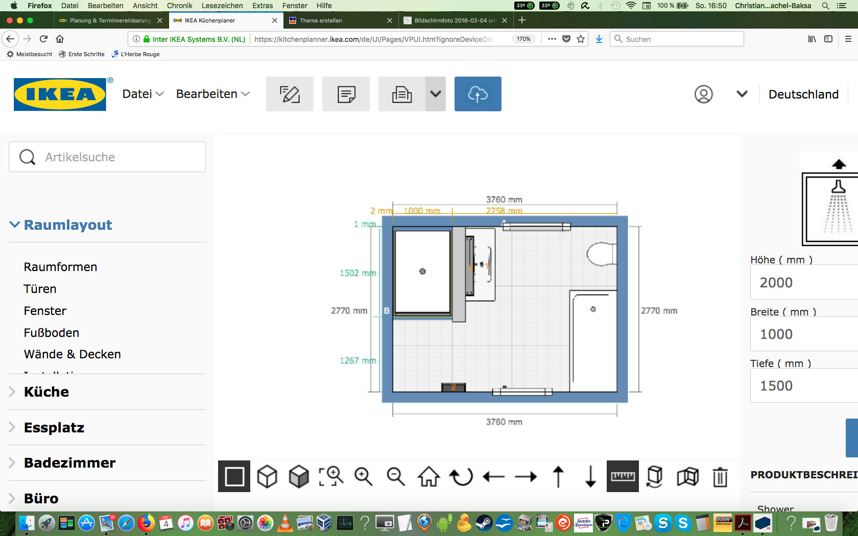 2D-Küchengrundriss im IKEA Küchenplaner mit Abmessungen und Layout