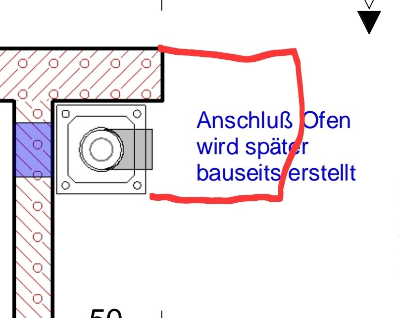 Schematische Bauzeichnung: Ofenanschluss wird später bauseits erstellt.