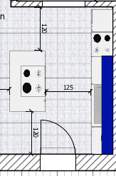 2D Küchen-Grundriss mit Esstisch links, Küchenschränke rechts, Tür unten