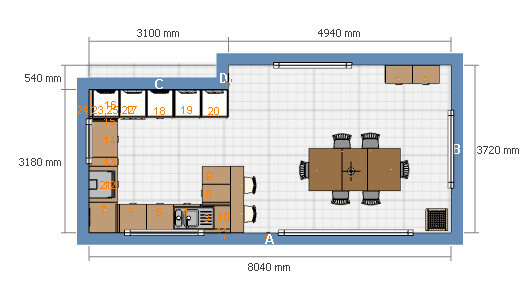 Grundriss einer offenen Küche mit Esstisch, Spüle, Herd und Küchenschränken.
