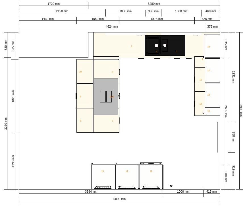 Grundriss einer Küchenraumplanung mit Insel, Spüle, Kochfeld und Schränken, Maßlinien