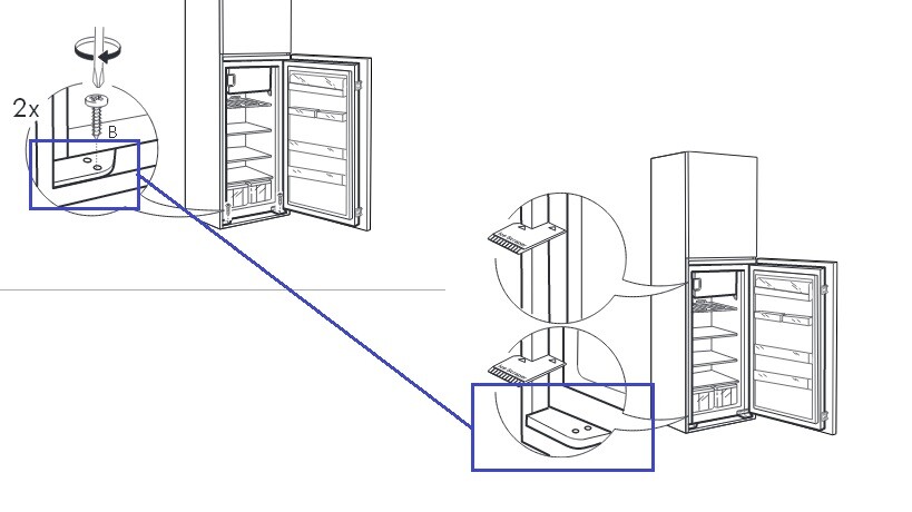 Technischer Küchengrundriss mit eingebautem Kühlschrank und Schublade.