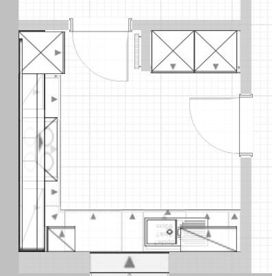 Küchengrundriss mit kompakter Küchenzeile und Arbeitsflächen