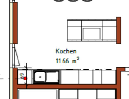 Grundriss: Küchenbereich mit Unterschränken, Kochen 11,66 m2.