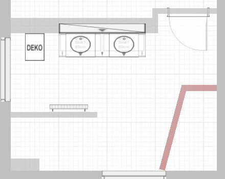2D kuechengrundriss mit kochinsel, zwei barhockern und durchgaengen im Grundrisslayout