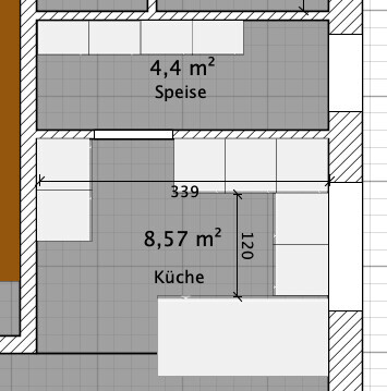 2D Küchen-Grundriss mit Speisebereich und Maßangaben
