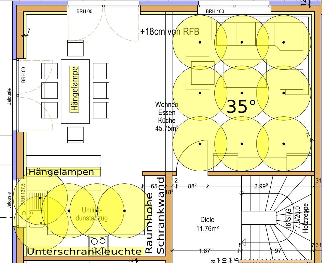 Grundrissplan Küche und Essbereich mit Pendelleuchten und Dunstabzug, Diele