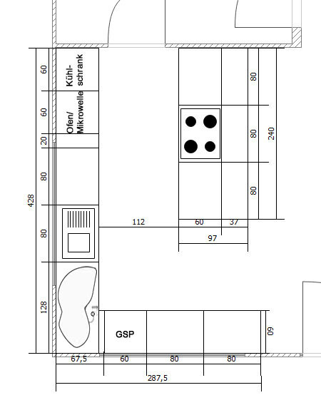 Küchen-Grundriss mit Spüle, Ofen, Mikrowelle, Herd, Kühlschrank, GSP, Schränke.