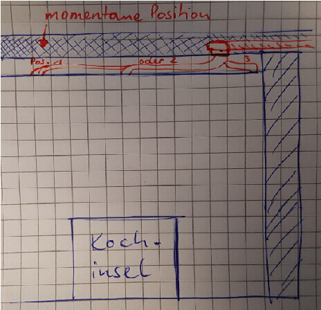 Skizze eines Kuechen-Grundrisses mit Kuecheninsel auf Gitterpapier