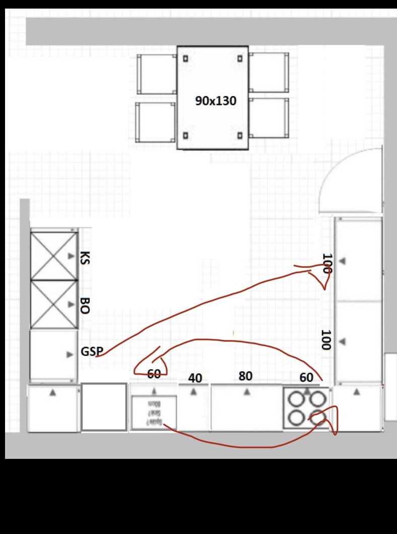 Grundriss Küche mit Esstisch 90x130 oben, Küchenzeile unten, GSP/BO/KS, rote Wegführung.