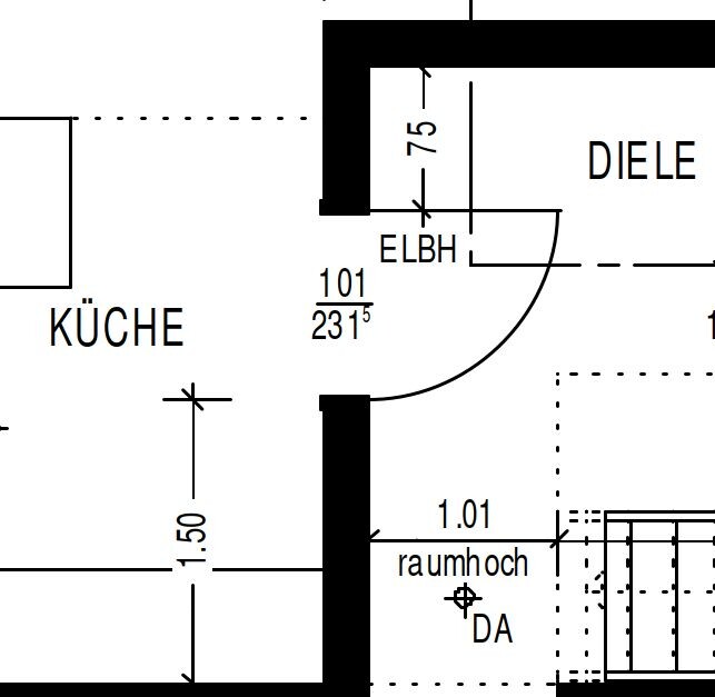 Grundriss: Küche links, Diele rechts, Türbogen mit Maßangaben