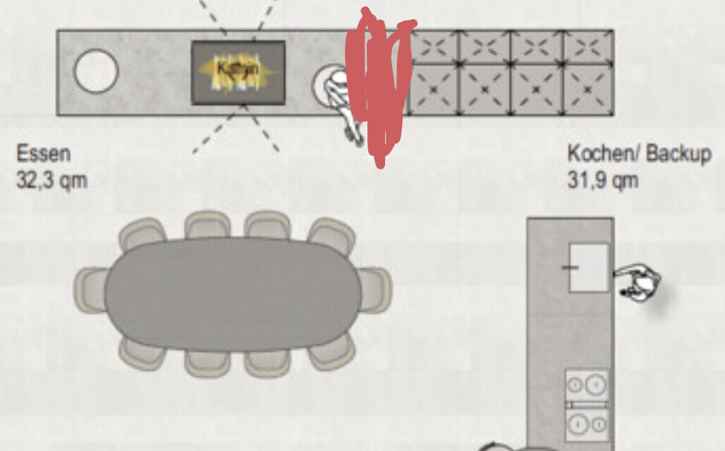 Übersichtlicher Grundriss eines Küchen- und Essbereichs mit Esstisch