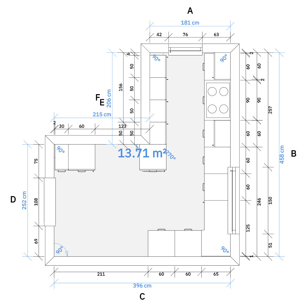 Grundriss einer Küche mit Insel, Schränken, Herd, Spüle und Maßangaben (13.71 m2)