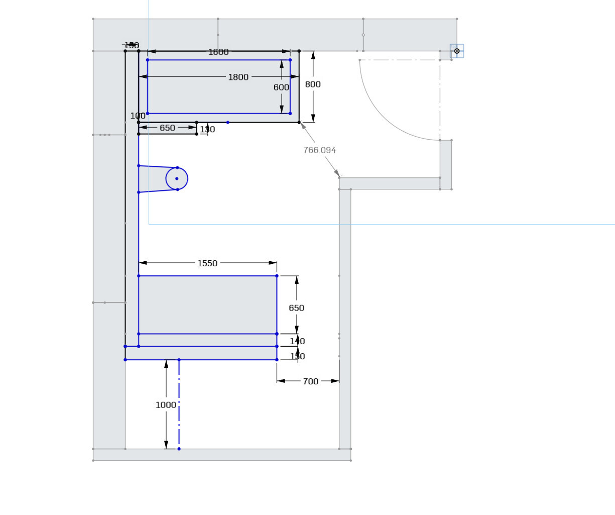 2D Küchen-Grundriss mit Maßen, Schränken und Spüle