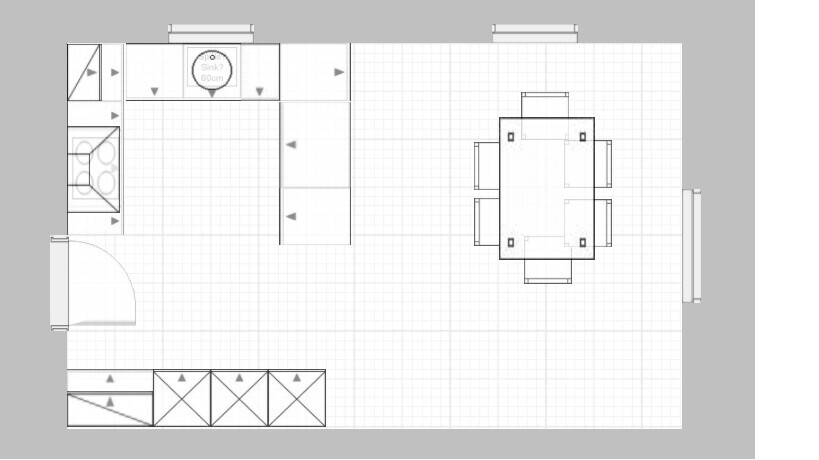 2D-Grundriss einer Küche mit Küchenzeile, Spüle, Herd, Esstisch und Verbindung zu Flur