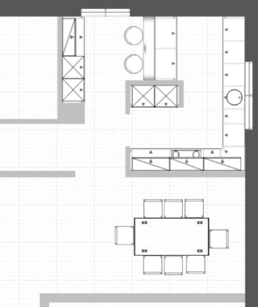 Grundriss einer Küche mit Insel, Arbeitsplatten, Schränken und Esstisch mit Stühlen.