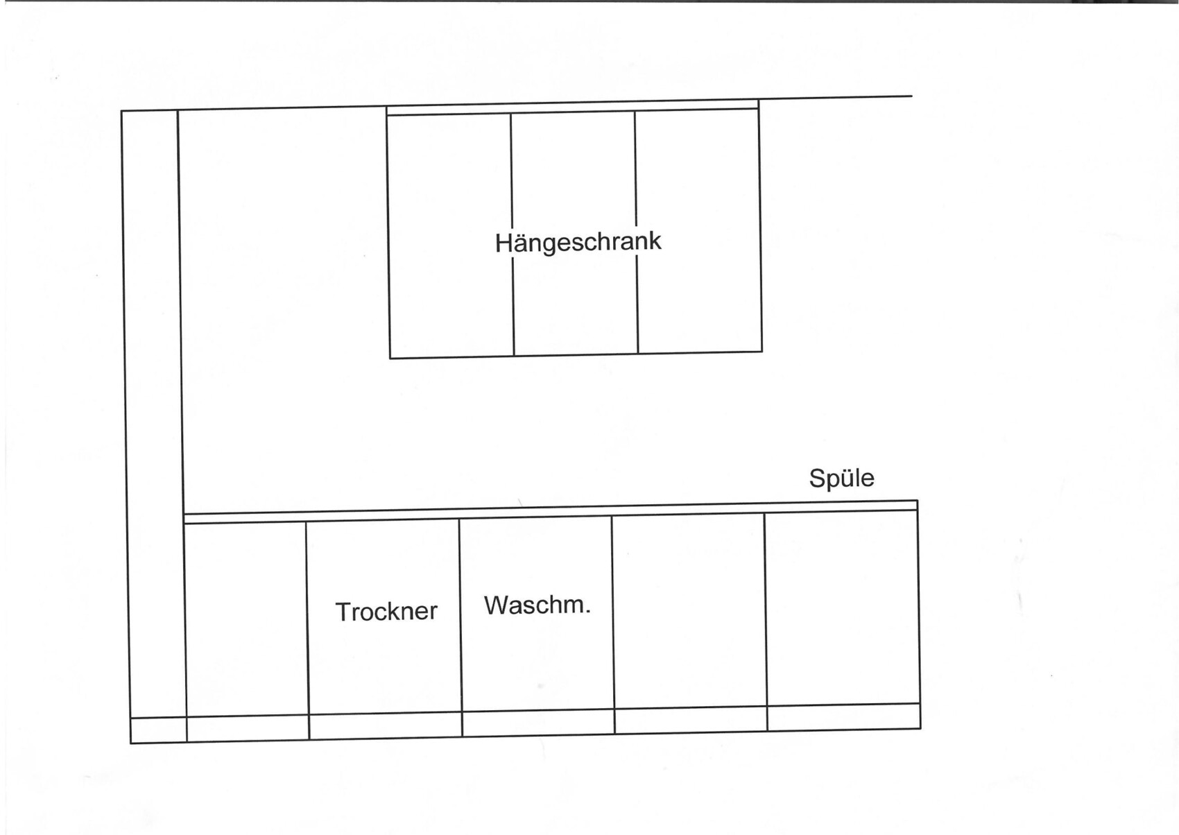Grundriss einer Waschküche mit Hängeschrank, Spüle, Trockner und Waschmaschine.
