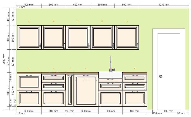 2D Küchengrundriss mit Unterschränken, Spüle, Oberschränken und Tür im Hintergrund
