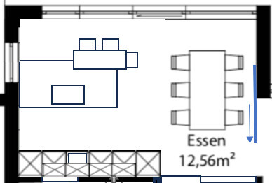 2D Grundriss eines Küchenbereichs mit Kochinsel links und Esstisch rechts